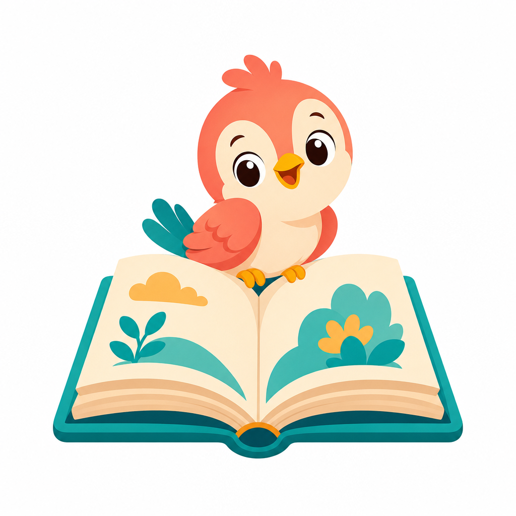 ReadNest bird mascot sitting on an open book.